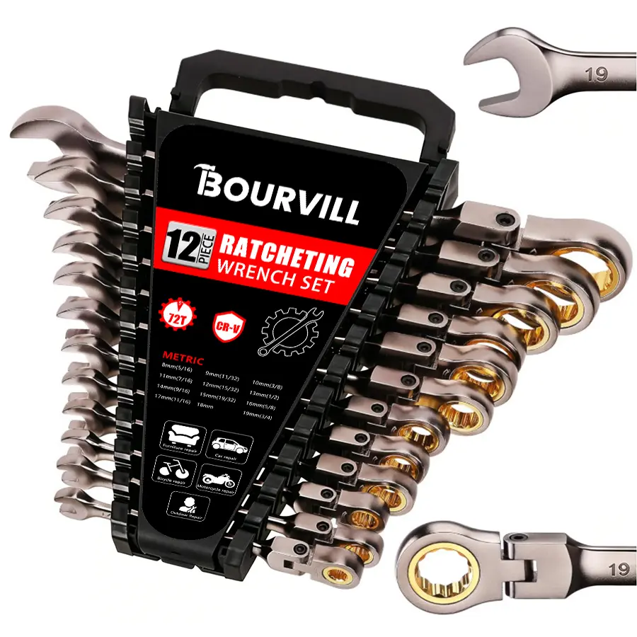12-Piece Ratchet Wrench Set - Heavy-Duty Black Coated Ratchet Wrenches for Cars, Motorcycles, and Repairs - Professional Tool Set - Metric Wrenches