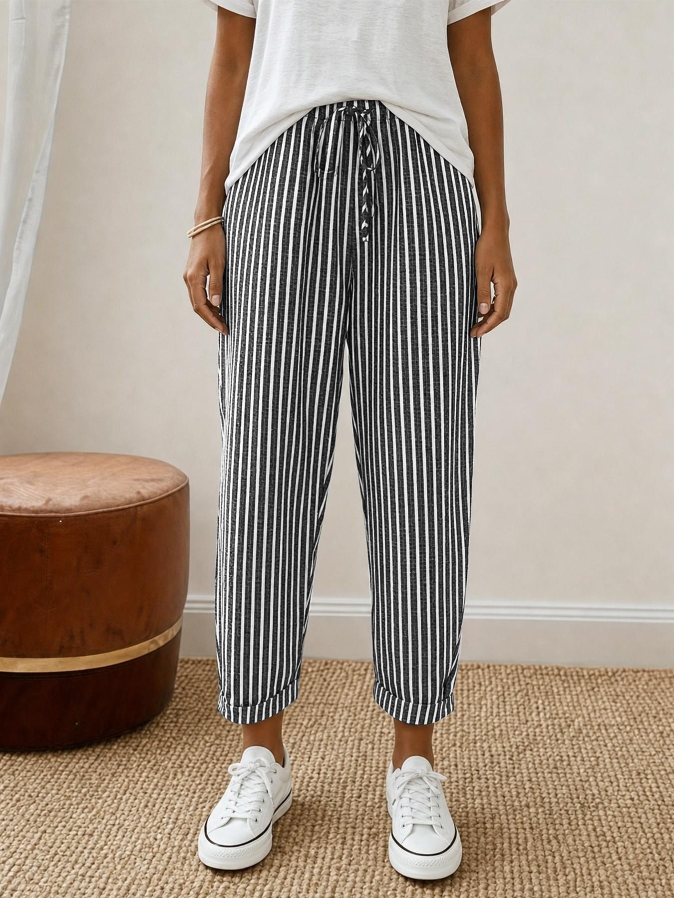 Women 2026 New Arrival Vertical Striped Linen Blend Cropped Pants, High Waist Drawstring Cuffed Casual Capri Trousers with Pocket, Summer Loose Fit Beach Everyday Jogger Pants, All Season, Casual Style Bottoms