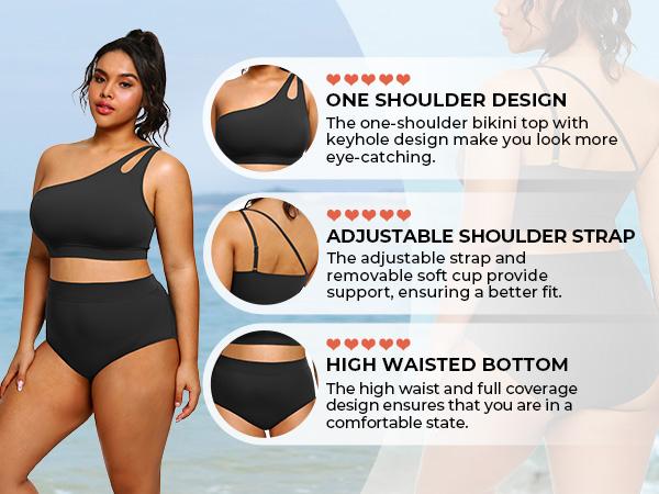 Tempt Me Womens Plus Size High Waisted Bikini Two Piece One Shoulder Swimsuit Keyhole Bathing Suits