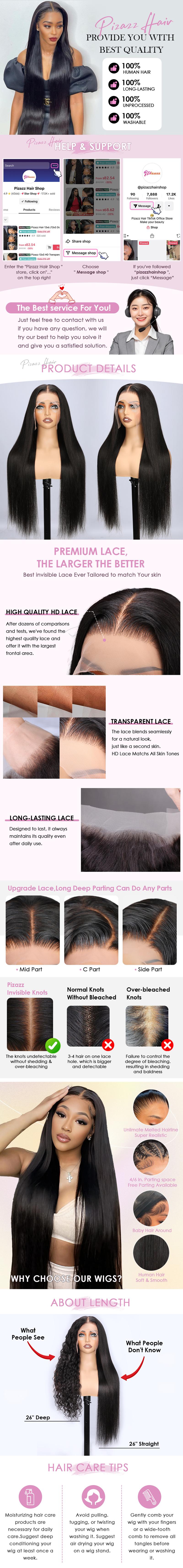 Pizazz Hair Straight Pre-Bleached Knots 13x6 HD Transparent 220% Density Straight Lace Front Human Hair Wigs With Pre Plucked Hair Line