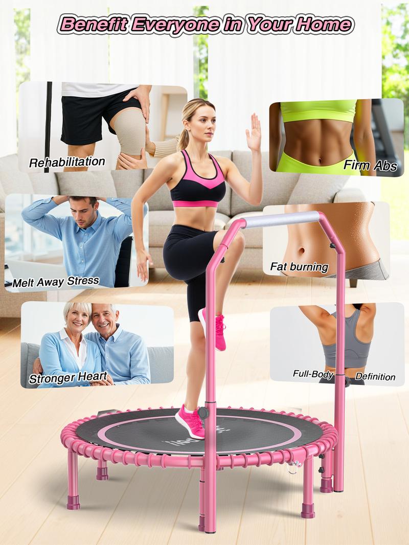 JOY SPOT! 450 LBS Foldable Trampoline 40" Fitness Trampoline with Bungees Adjustable Foam Handle/T Handle No Rope Training Jump Rope Home Gym Workout Stable Quiet Exercise Rebounder for Adults, Valentine's gift