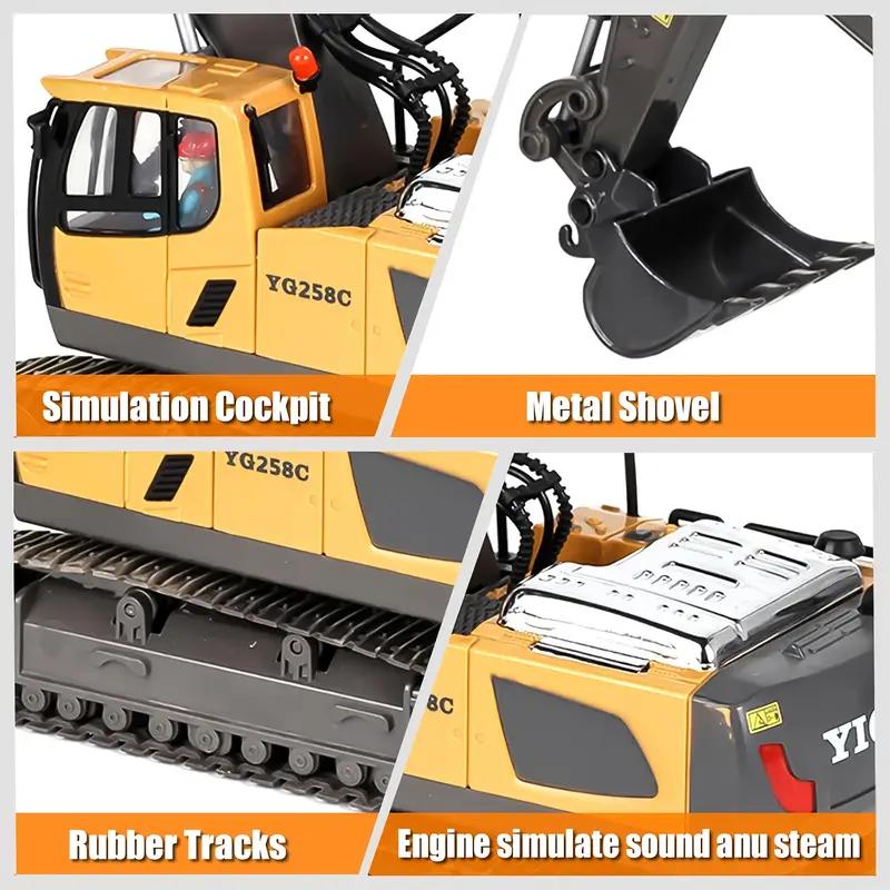 Funfuntoy Multi-functional 1:20 scale RC alloy excavator, suitable for complex terrain, support USB charging, 2.4G wireless remote control, real and durable. remoto