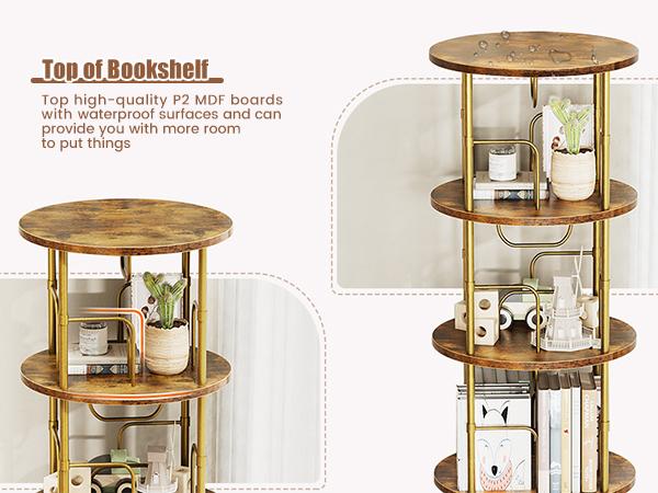 Flycity 3 Tier - 5 Tier Rotating Bookshelf Tower,360° Display Unique Round Bookcase, Floor Standing Corner Revolving Storage Organizer Furniture Wood Organizing Study Table