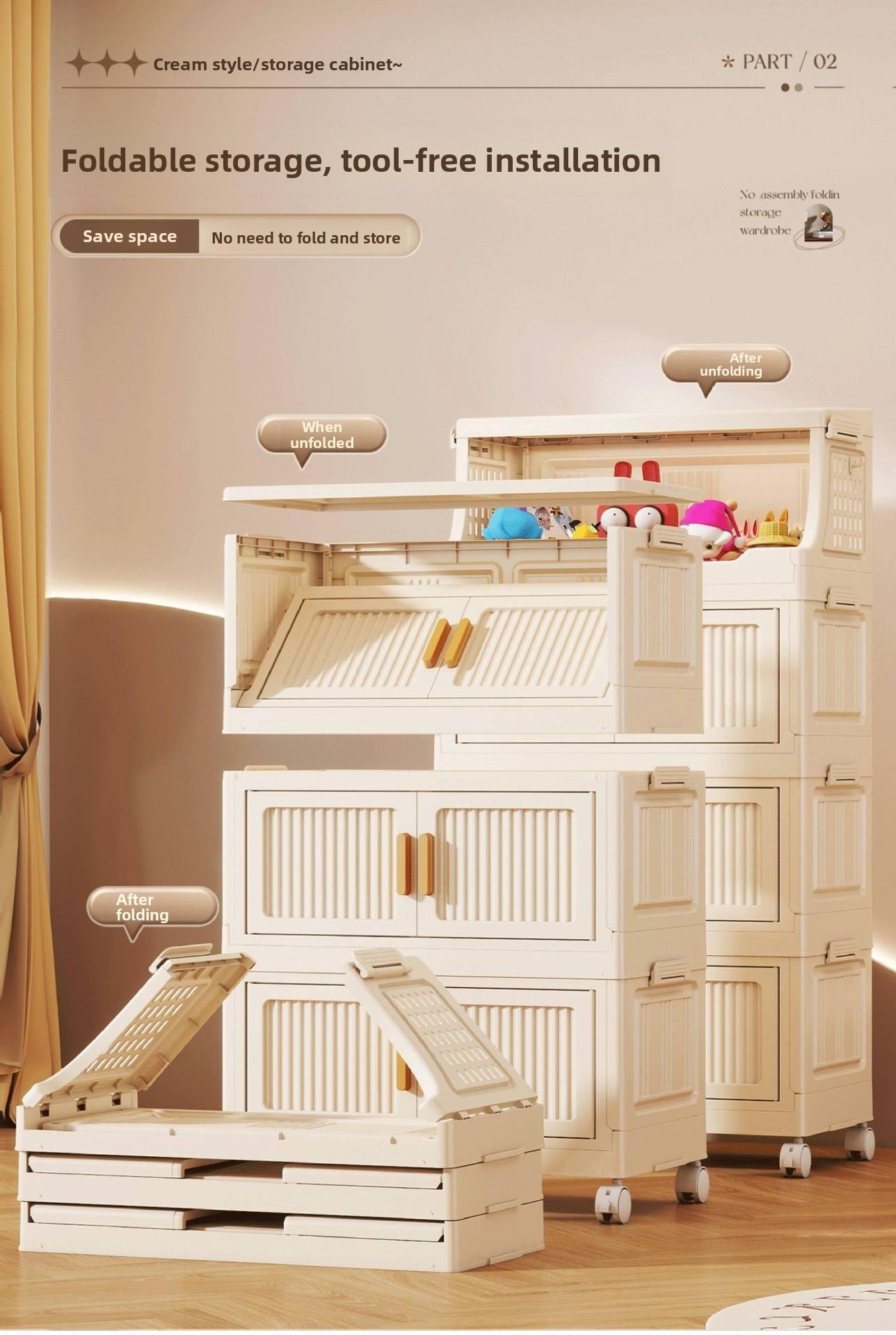 Large-capacity covered multi-tier stackable storage cabinet, wheeled foldable plastic storage cabinet, closet organizer and storage box, decorative cube closet organizer, for living room, bedroom, bathroom, office, dormitory, Space Saving Furniture