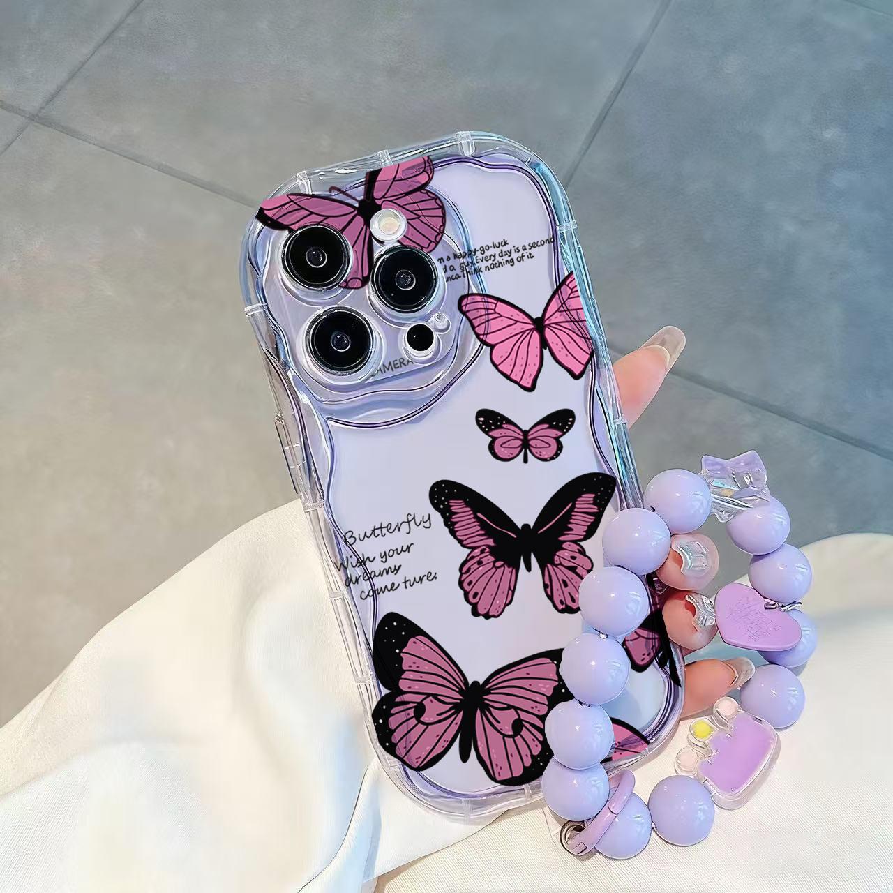 Wave Pattern Purple Butterfly+Purple Hanging Chain Phone Case For VIVO Y21D Y19S  V40 Pro V50 V40 V60 Lite V30Y04 Y04S Y18 Y18E Y29 Y03 Y03T Y28 Y17S Y20 Y20i Y20S Back Cover