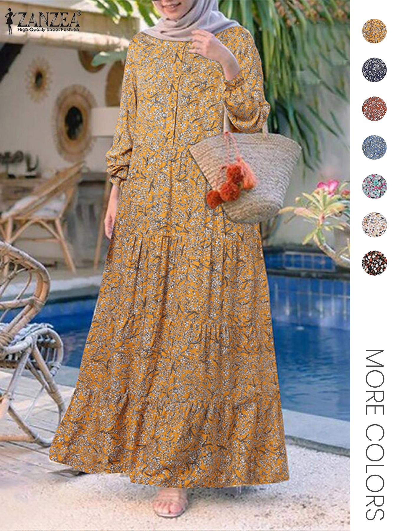 Women's Ditsy Floral Print Long Sleeve Tunic Dress, Casual Round Neck Dress for Holiday Vacation Daily Wear, Ladies Clothes for All Seasons