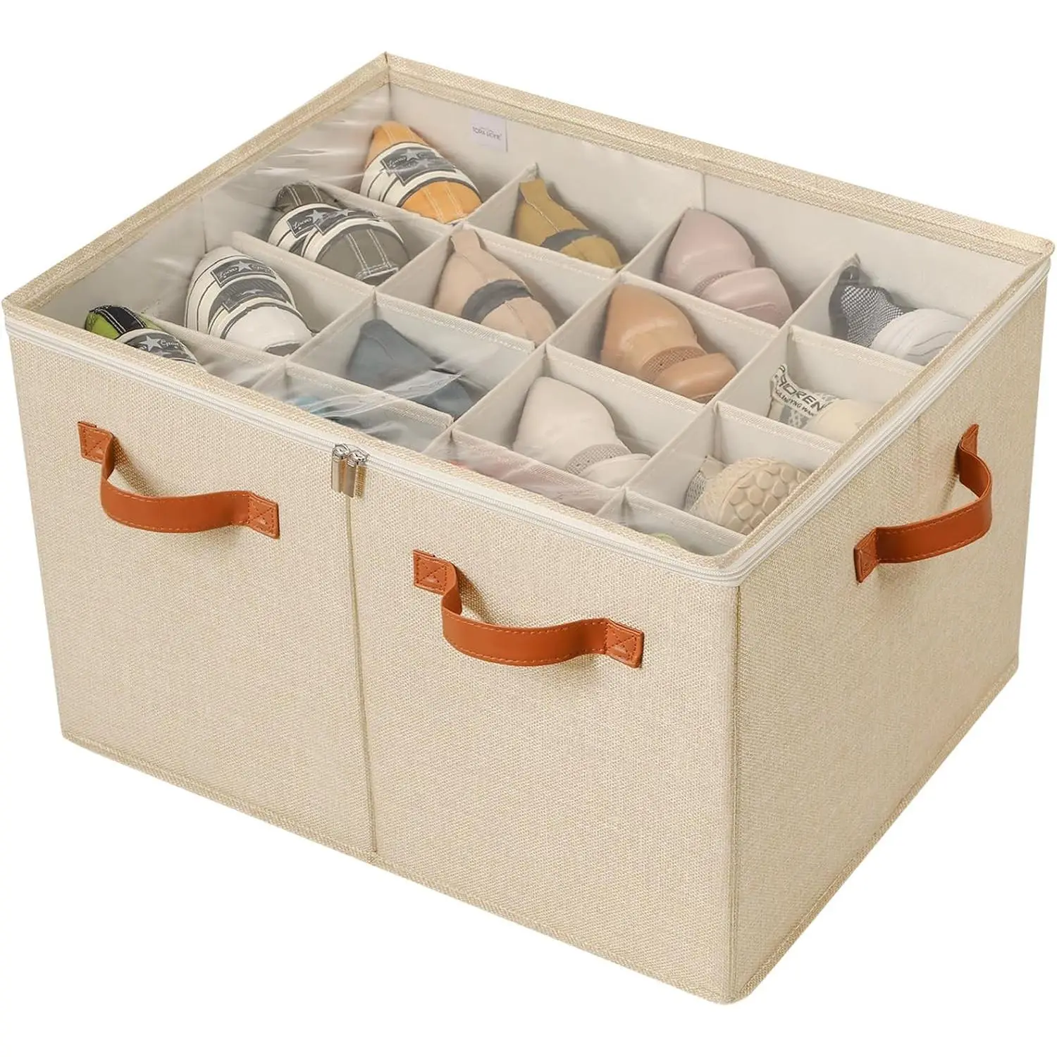 Shoe Organizer for Closet, Foldable Shoe Box with Adjustable Dividers and Clear Cover, Space Saving Shoe Storage Organizer Cabinet with Reinforced Handles, Fits 16 Pairs TP09J
