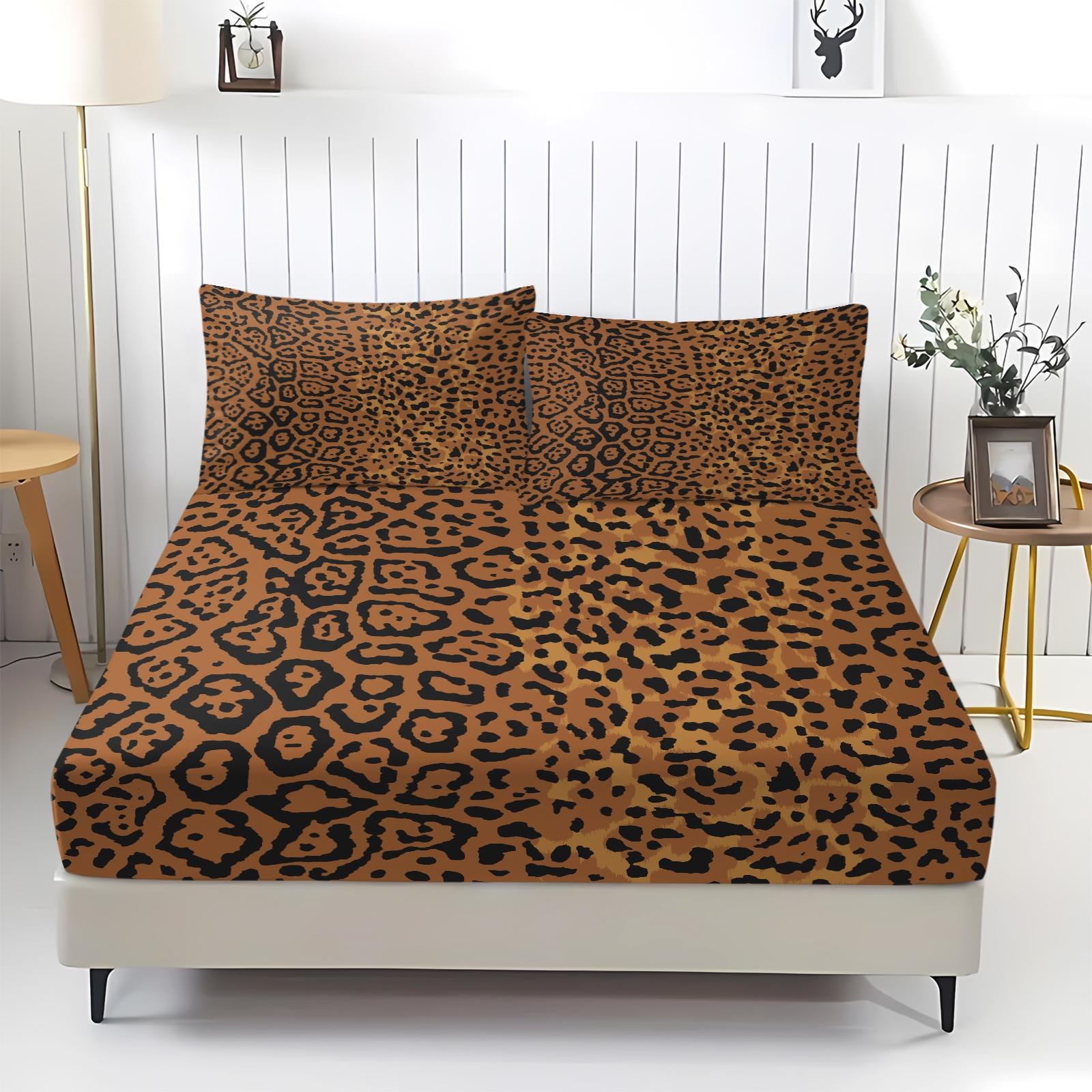 3Pcs Leopard Print Fitted Sheet Set, Retro Luxury Bedding Set, Soft and Breathable Fabric, Deep Pocket Design, Easy to Clean, Ideal for Fashionable Young Women's Bedroom Decor