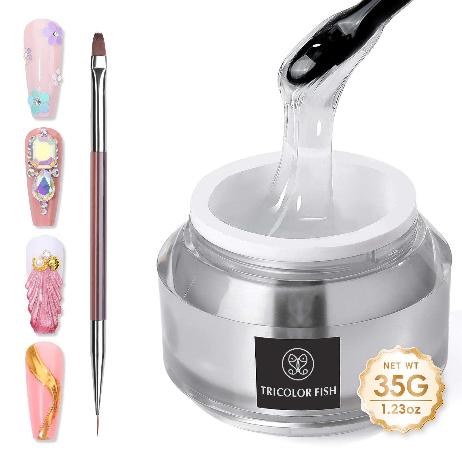 TRICOLOR FISH Nail Rhinestone Glue Gel with Brush Pen Set, 35G Top Coat Clear Nail Gem Glue Wipe-Off Super Strong Adhesive Nail Art Glue Gel for Nail Decorations 3D Stones Charms Flowers, Nail Lamp Neede