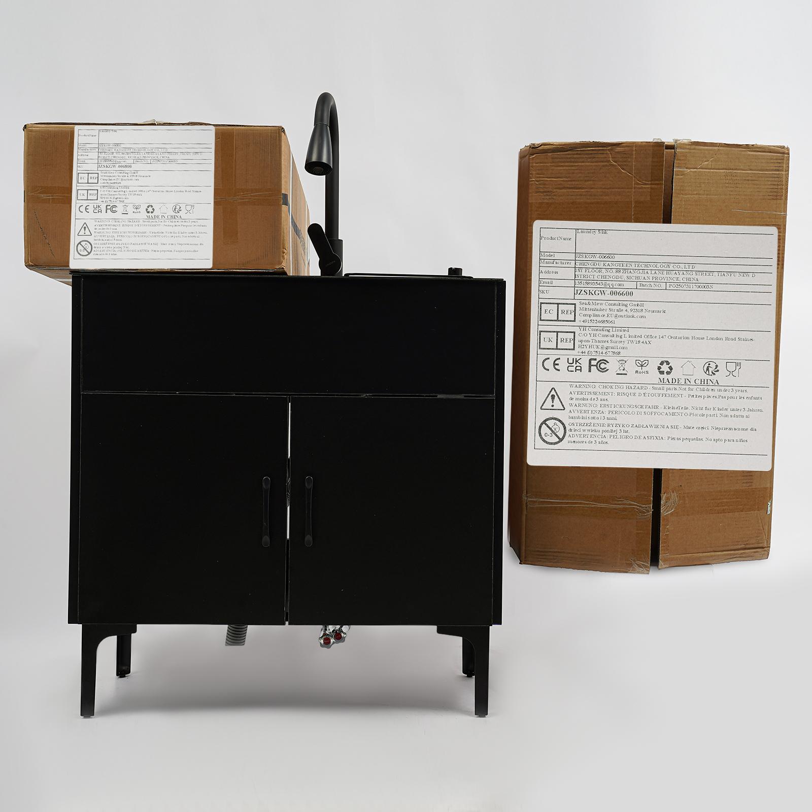 Laundry Utility Sink with Cabinet & Pull-Down Faucet Freestanding Stainless Steel Utility Sinks with 2 Doors Deluxe Bouble Kitchen Sink Wash Station Tub for Laundry & Kitchen, Bathroom(Black)