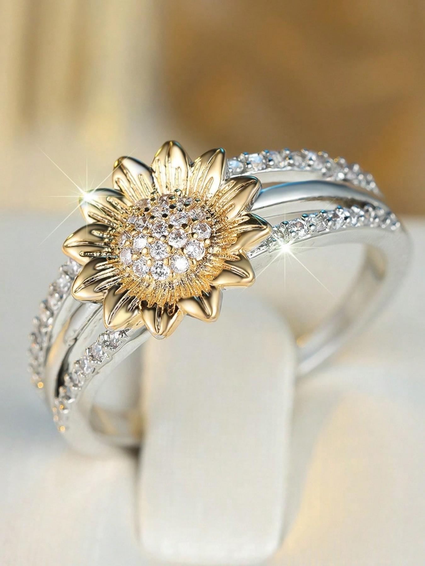 Elegant Sunflower Flower Ring for Women, Beautiful Rings, Fashion Copper Zircon Jewelry, Perfect Gift for Parties and Anniversaries, Stylish Floral Design