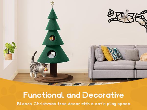DWVO 60 inch Cat Tree for Indoor Cats, Tall Cat Tower Furniture with 2 Large Condos, 5ft Christmas Tree Party Decoration with Cat House