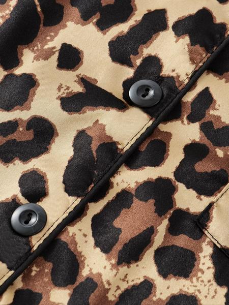Women's Leopard Print Satin Pajama Set, Heart Jacquard Striped Sleepwear, Casual Short Sleeve Button Front Top & Elastic Pants