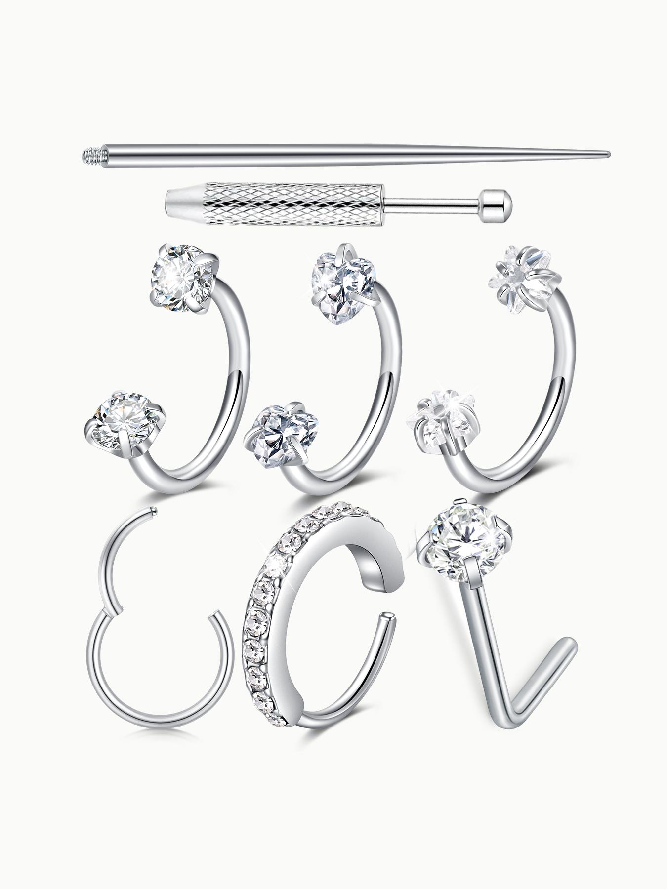 Stainless Steel Cz Nose Ring, Nose Cuff, Horseshoe Shape Nose Ring, 18 Gauge 8mm Hoop, Heart Design Perfect for Nose, Cartilage, Tragus, Helix and Lip Piercings, Nose Piercing Jewelry, Nose Rings Hoops