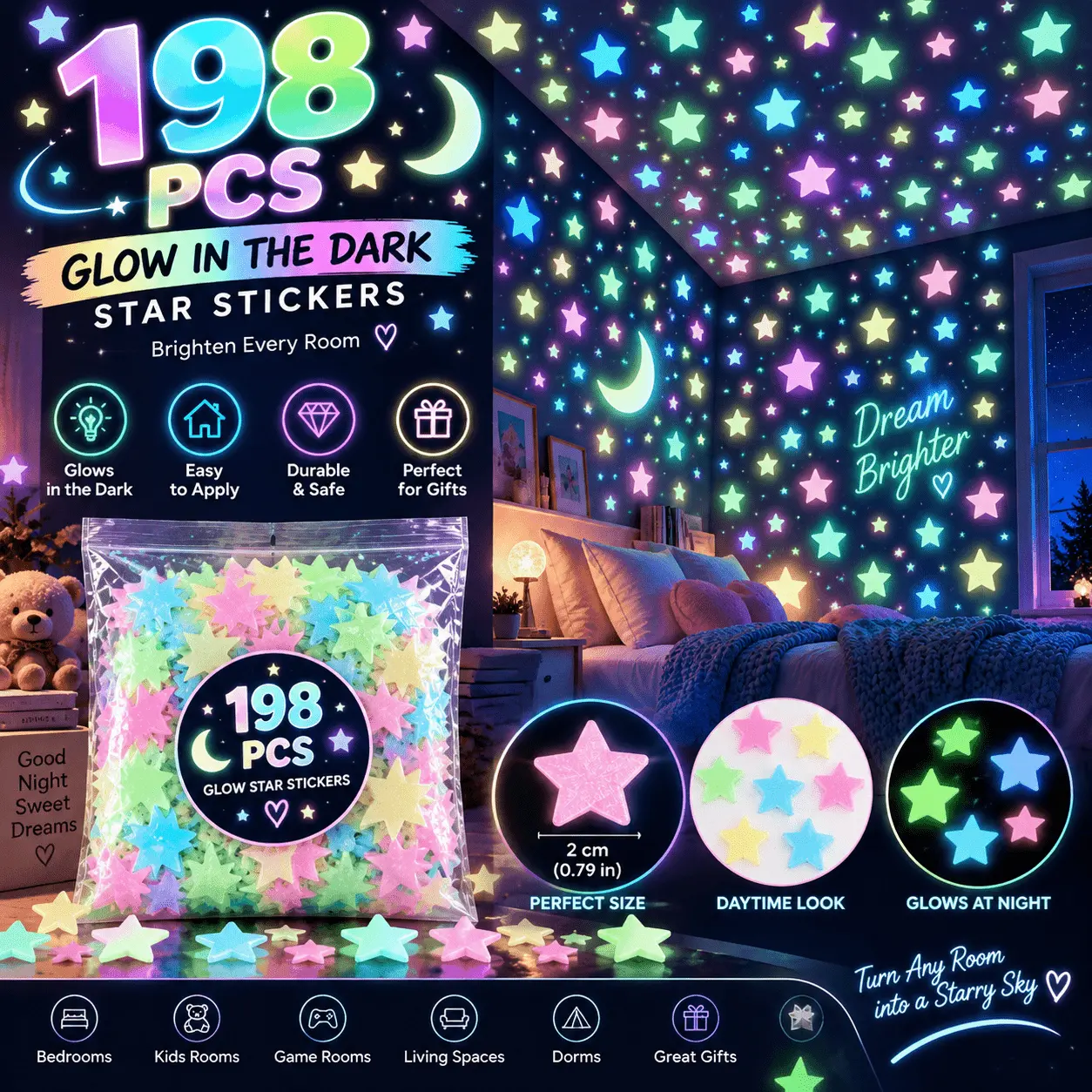 198PCS Colorful Glow in the Dark Stars, 2cm Mixed Color Star Wall & Ceiling Decorations with Self-Adhesive Stickers, Dreamy Night Sky Room Decor for Bedroom, Living Room, Dorm, Party, DIY Space & Galaxy Theme Decorations