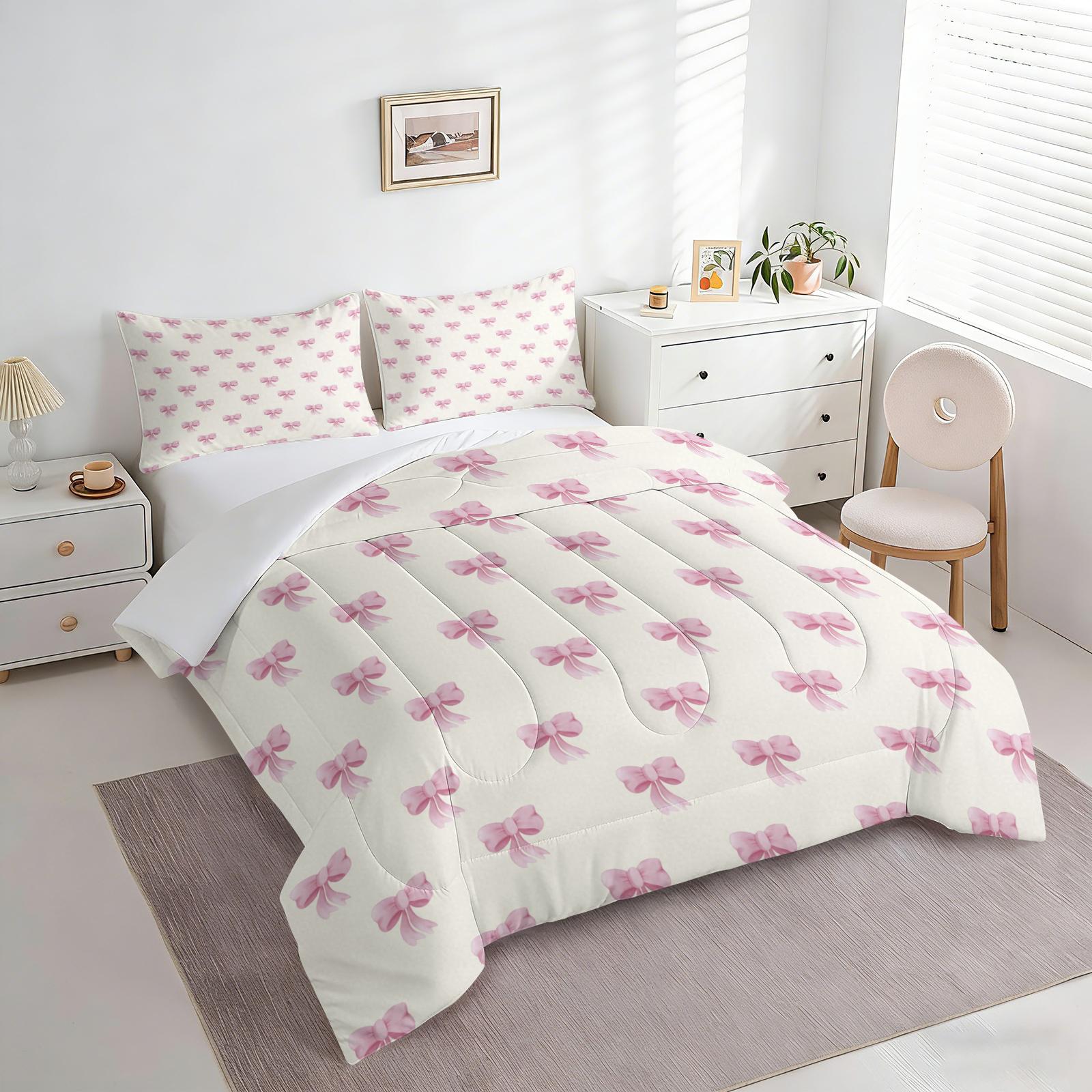 2/3Pcs Black Bow Print Comforter Set, Soft Microfiber Bedding Set with Pillowcases, Coquette Aesthetic Quilt, All Season Lightweight Digital Printed Bed Set for Girls Teens Bedroom Decor