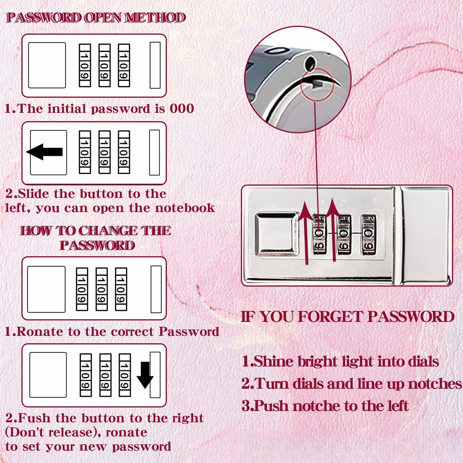 Marble Pattern Password Notebook with Lock, 1/2/3 Counts Creative Planner Notebook, Stationery Supplies for Home School Office