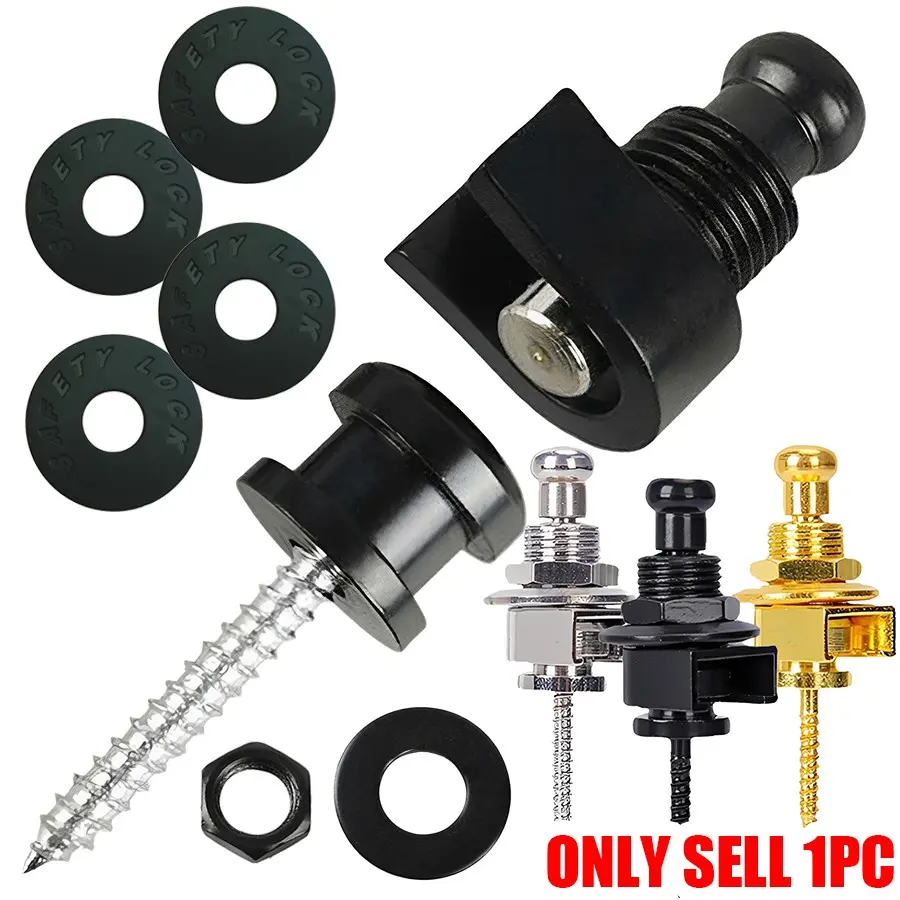 1pc Guitar Strap Locks with Buttons & 4pcs Safety Lock Washers - Heavy Duty Strap Lock System for Acoustic, Electric, Bass Guitars - Secure Anti-Slip Strap Retainer Kit