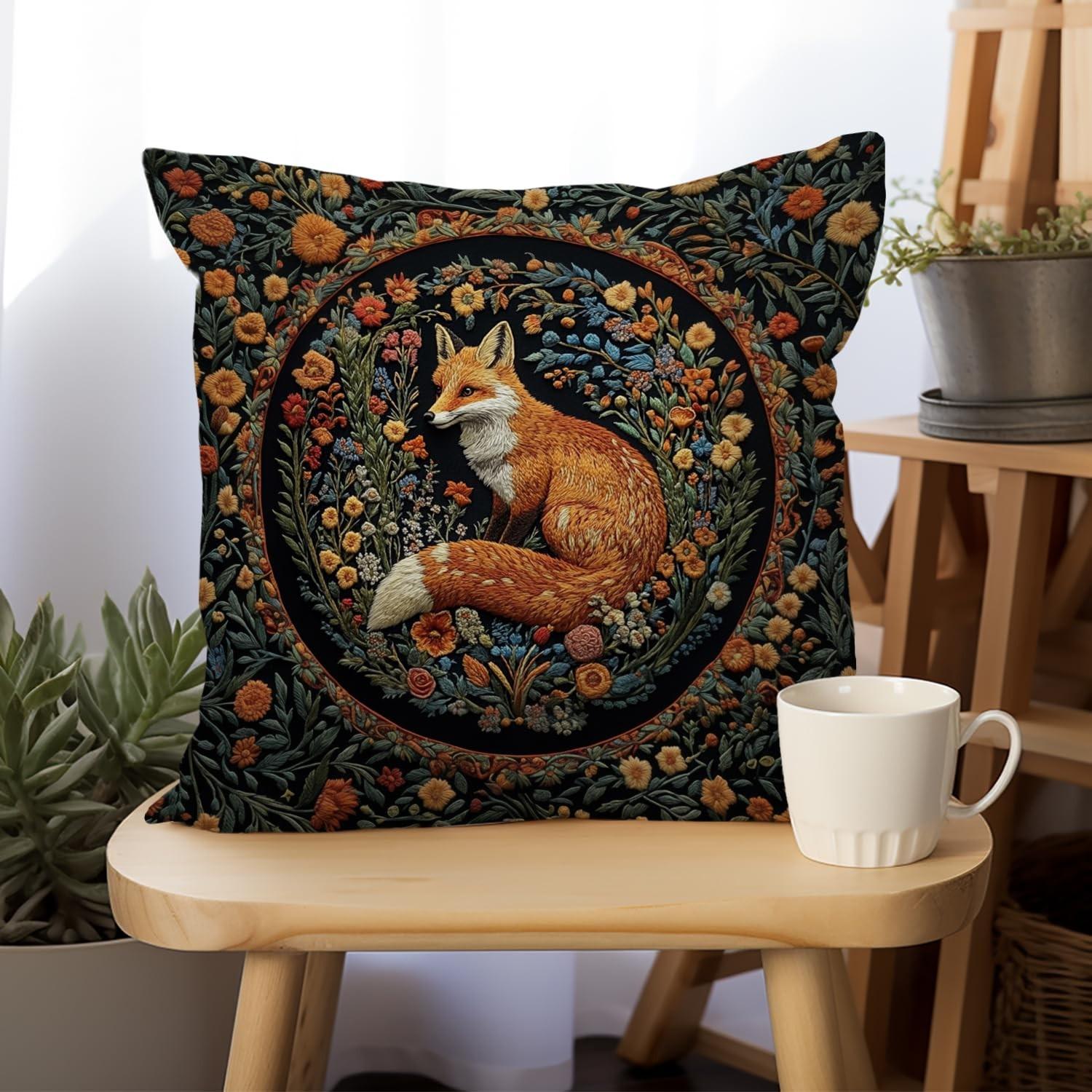 1pc Retro Floral and Fox Decorative Throw Cushion Cover, Zippered closure, Machine washable, Suitable for living room, bedroom, sofa, car decoration, seat cushion cover (only includes the cover, not including the pillow core).
