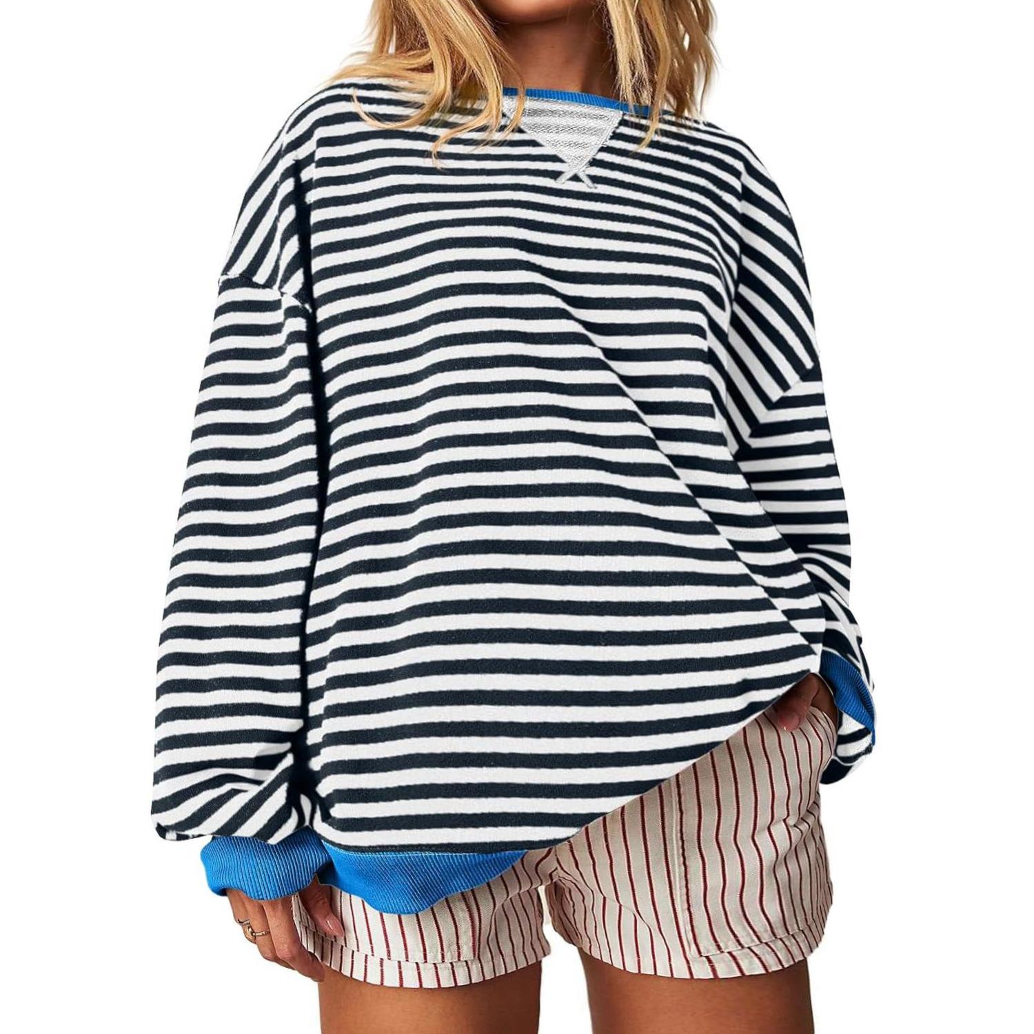 【Plus Size】Imily Bela Womens  Striped Oversized Sweatshirt Color Block Crew Neck Long Sleeve Shirt Casual Loose Pullover Top Y2K Clothes