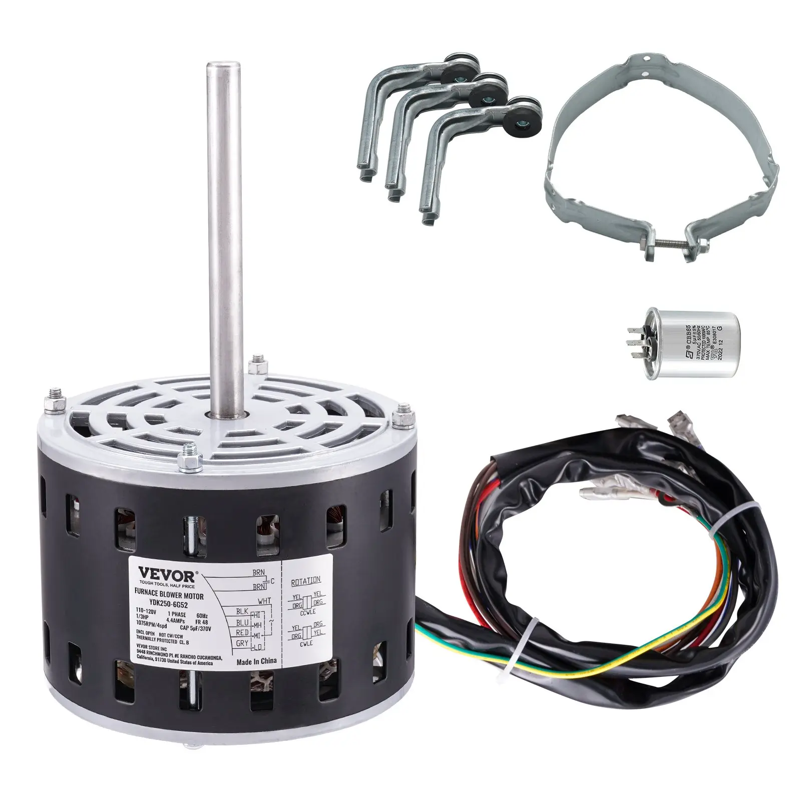 VEVOR 1/3 HP Power Furnace Blower Motor with Metal Casing, 110/120V 4.4Amps, 1075RPM 4-Speed, CW/CCW Rot., 48-Frame, 5.2" Shaft Length, 5F/370V Capacitor Set, 11" Hold Hoop for Residential Users’ Indoor Furniture Needs