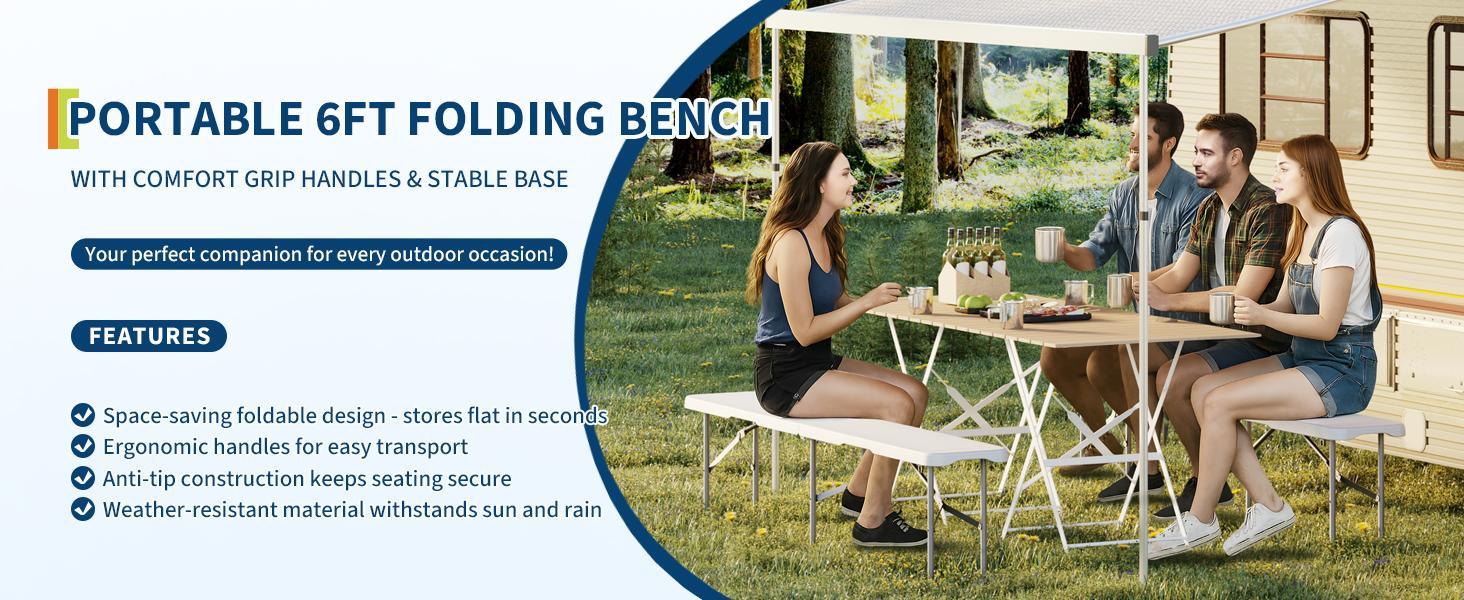 2 Pack Portable Folding Bench 6 Foot, Plastic Foldable Bench HDPE BenchTop with Carrying Handle for Outdoor Picnic Camping Party Sports Activities - White