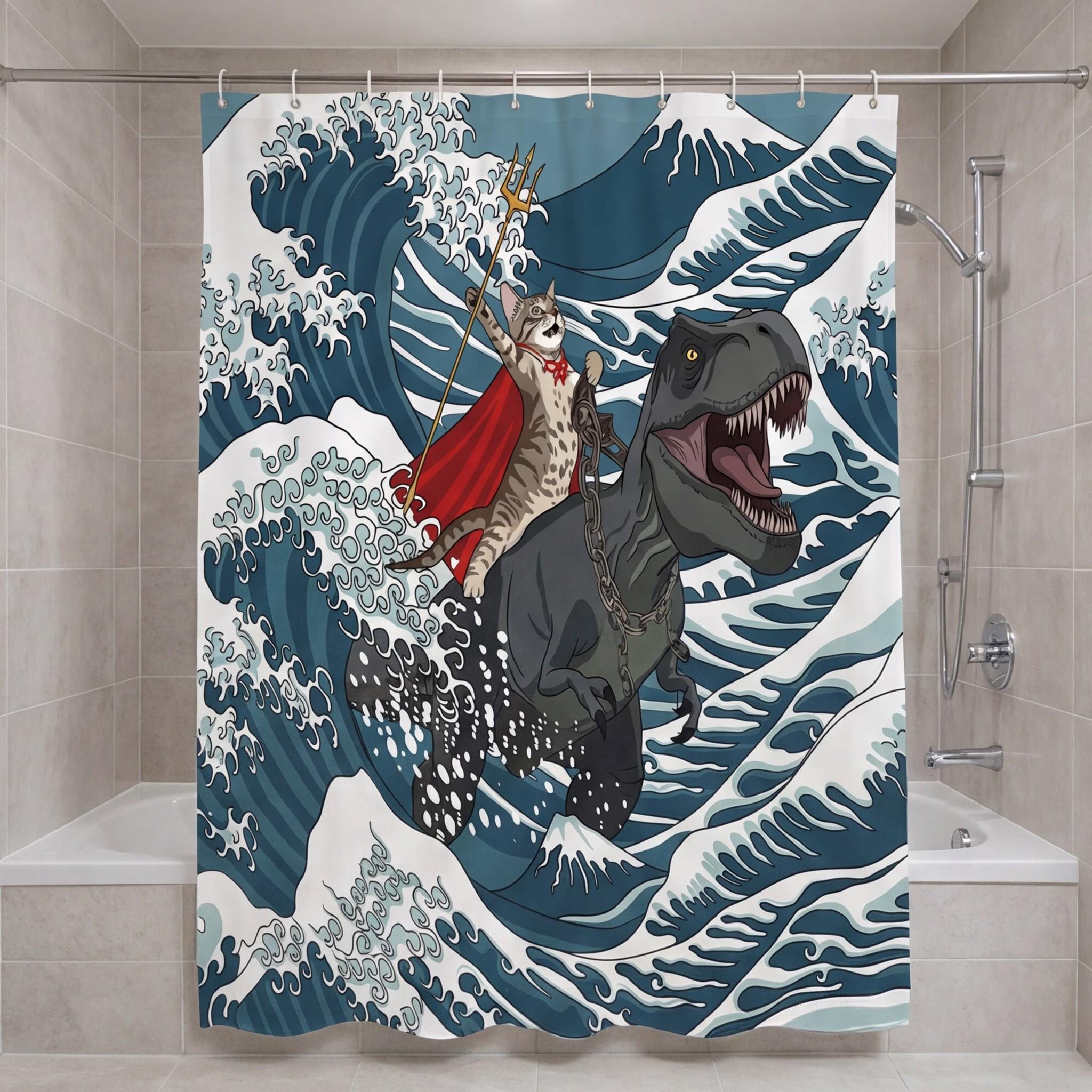 Funny Cat Dinosaur Shower Curtain, Ukiyo-e Japanese Wave with Super Cat Riding Tyrannosaurus, 72" x 72" Durable Mildew Resistant Bath Curtain Set