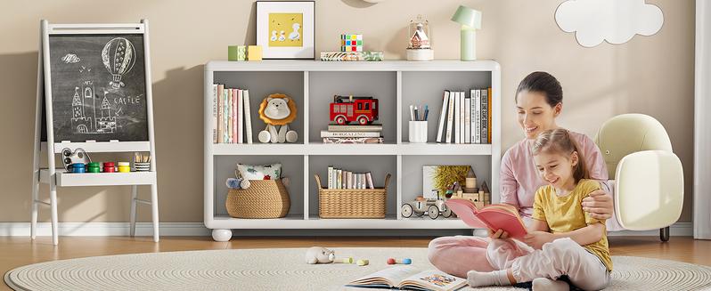 ONBRILL Wooden Bookcase with 6 Cube Storage, Kids Bookshelf with Sphere Foot, Sturdy Toy Storage Organizer, Safe Rounded Corners Bookcase for Living Room, Playroom, Nursery【BlackFridayDeal】