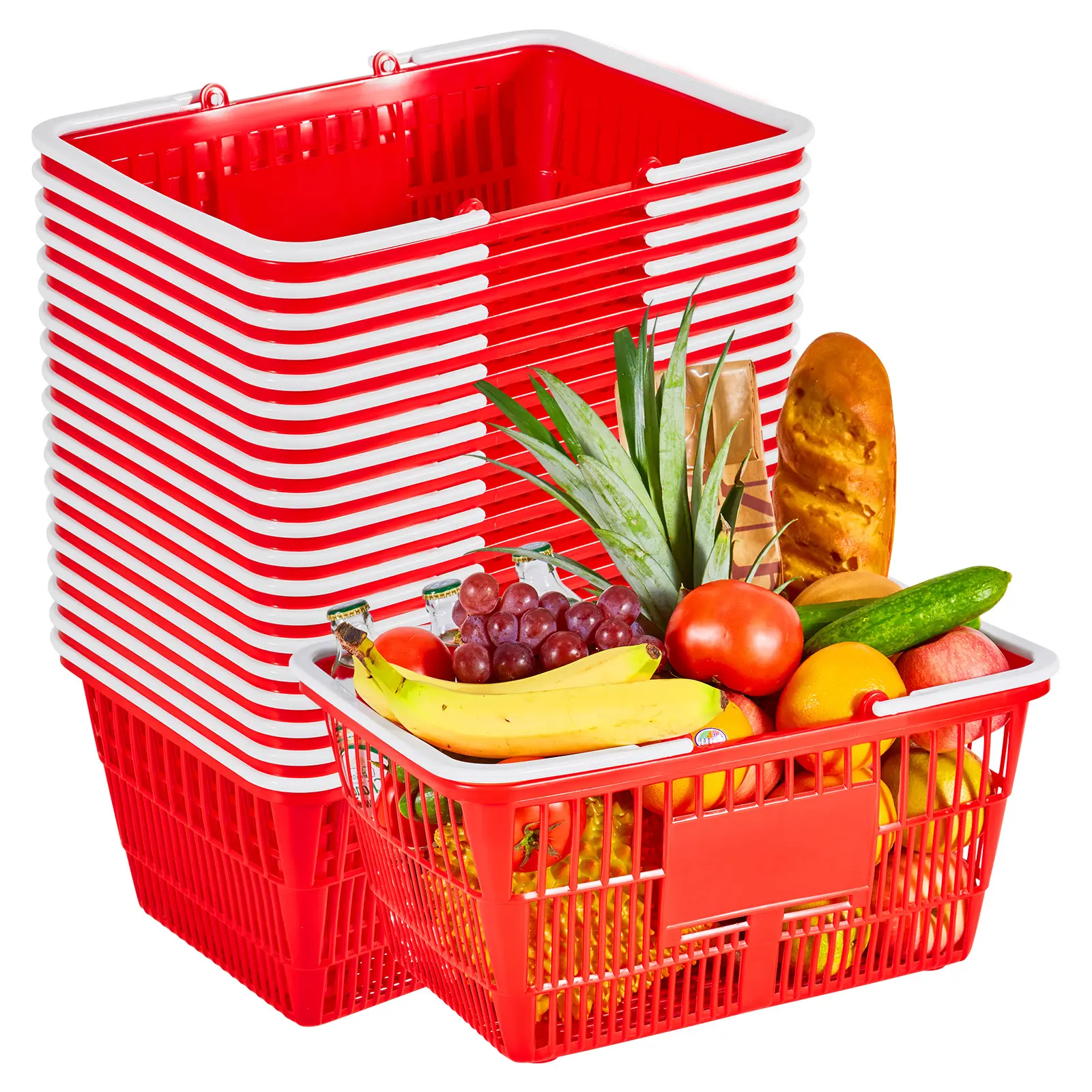 Stackable 21L PE Shopping Baskets with Dual Handles, Dense Reinforced Mesh and 20 lb Capacity for Retail, Supermarket or Home