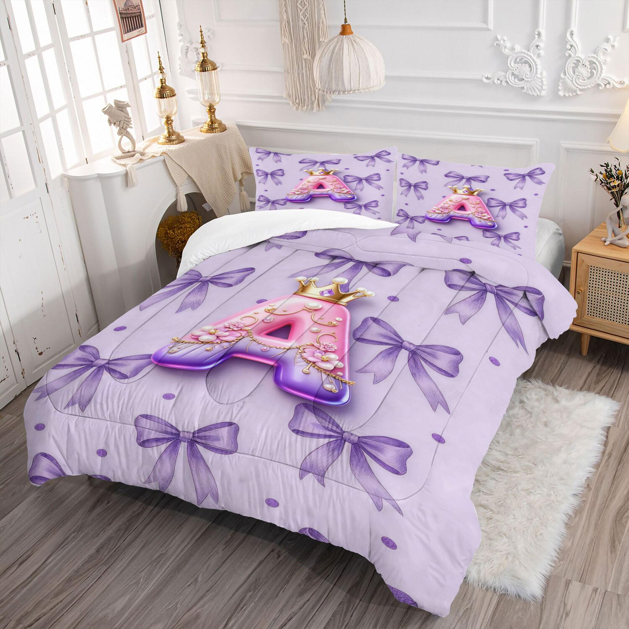Bow Pattern Comforter Set, 3D Crown Letter Print Comfy Bedding Set, Fashion Princess Style Design, Soft and Comfortable Microfiber Material, Perfect for Girls Teenage Room Decor Home Decorating Kit, No Filler Included