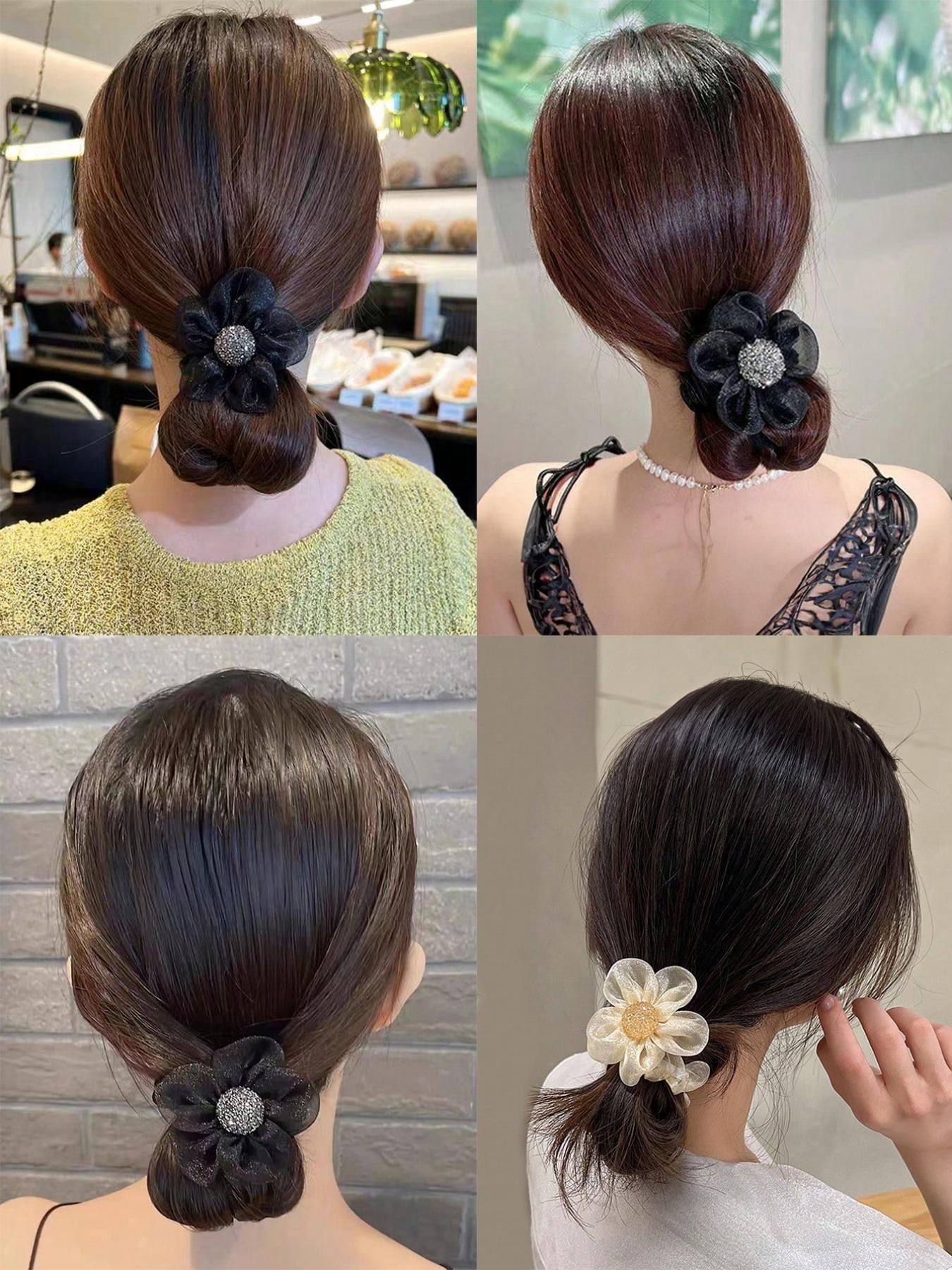 3pcs-Girls-Floral-Hair-Accessories-Set-For-Buns-Including-Beige-Organza-Flower-Hair-Elastic-Brown-Flower-Hair-Clip-And-Black-Hair-Tie-That-Are-Suitable-For-Daily-Life