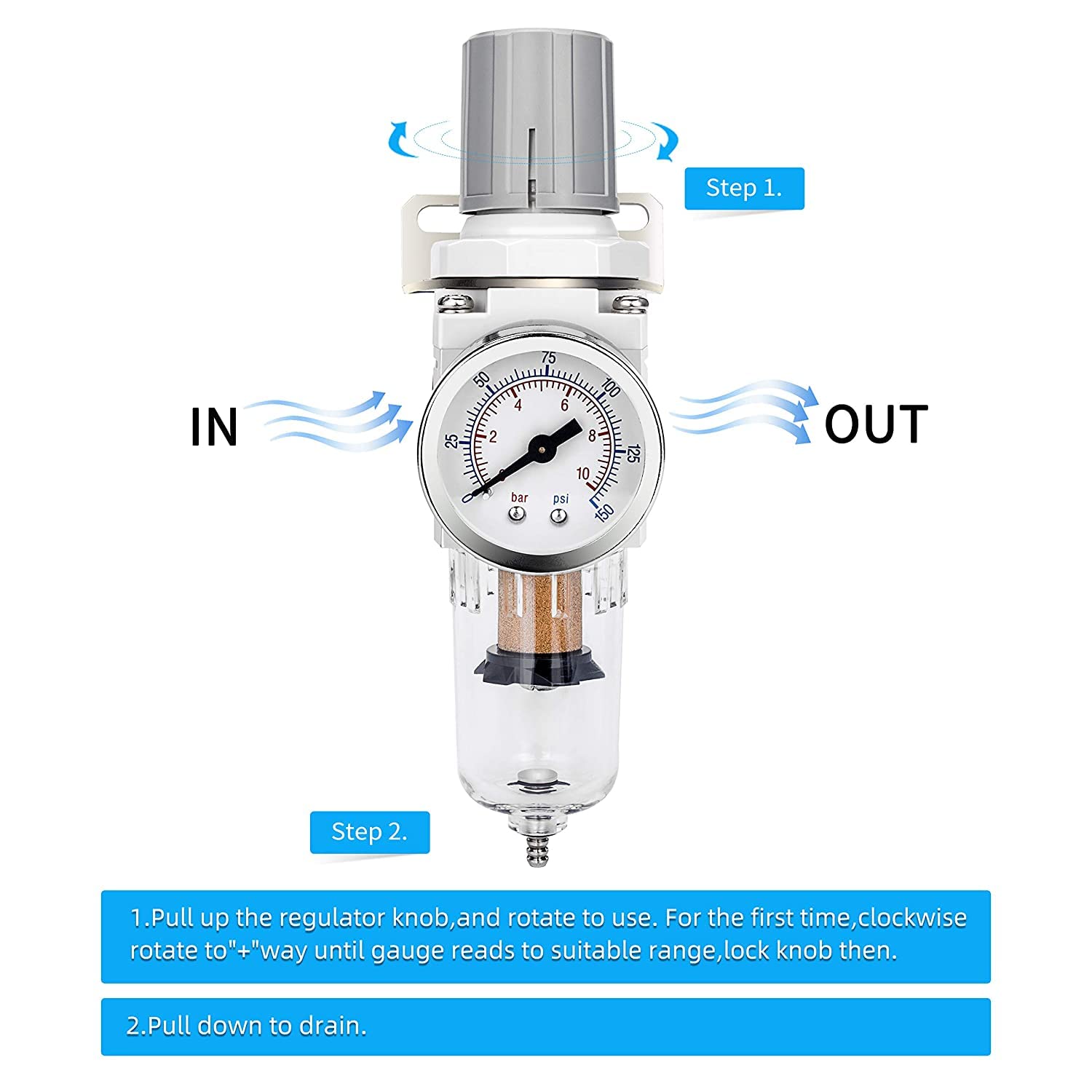 1/4" NPT Air Compressor Filter &  Regulator Combo w/Gauge | 5-micron brass  water/oil separator, poly bowl, semi-auto drain, 20 SCFM, 0-150 psi gauge—for  & air tools