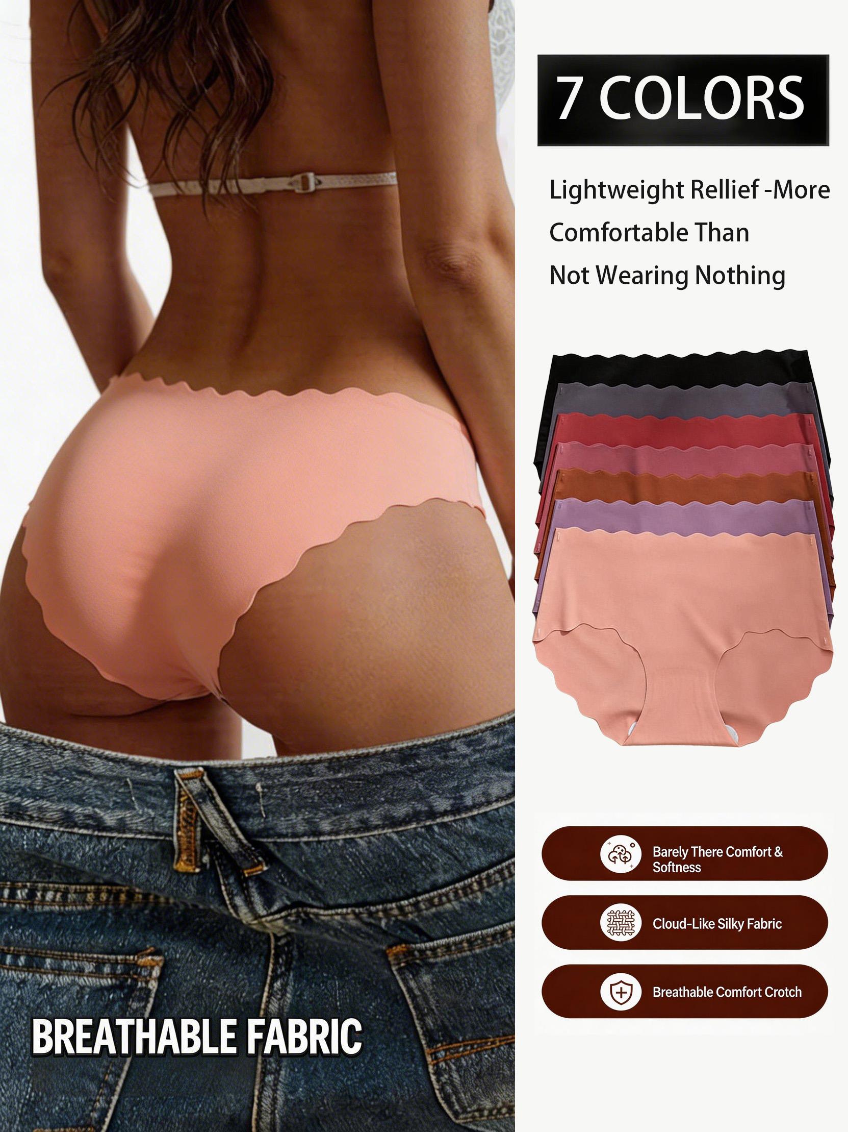 7-Pack Women's Solid Color Seamless Silk Feel Panties, Ruffle Hem Invisible Soft Intimates, Comfortable Sexy Underwear