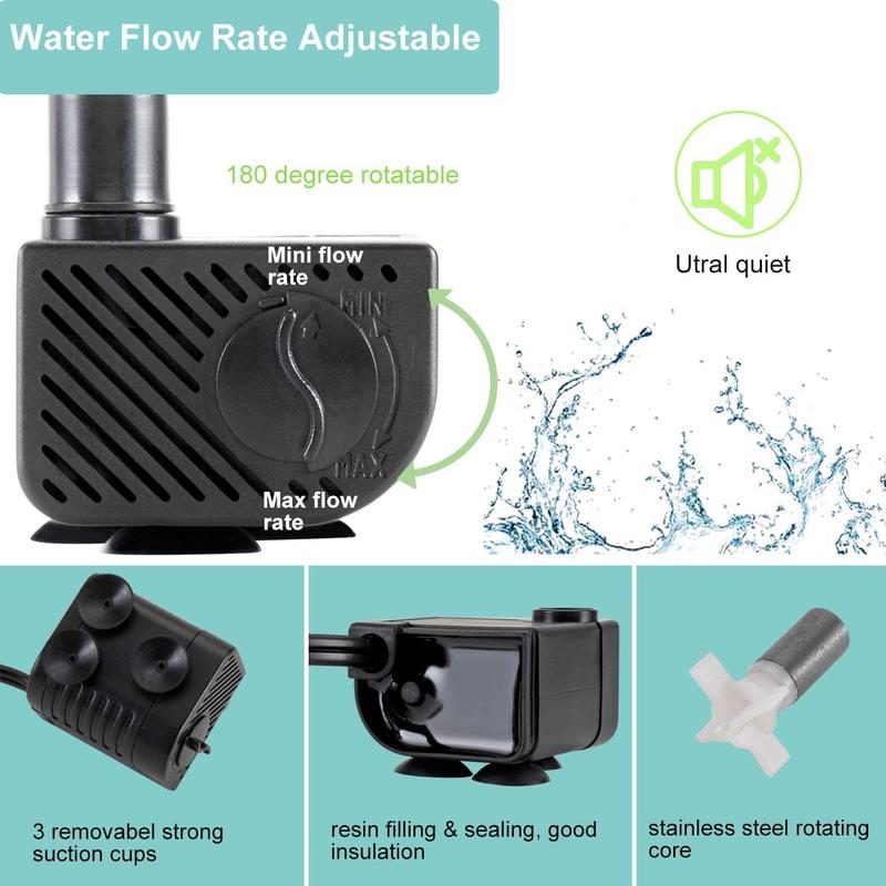 hygger Small Water Pump Ultra Quiet 53GPH (200L/H, 3W) Submersible Mini Water Pump，waterfall filter