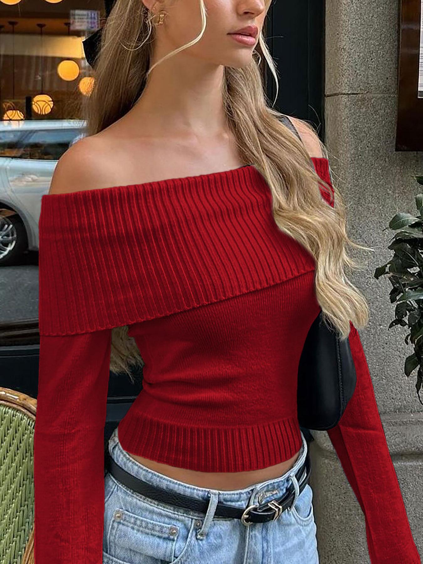 Women's Plain Off Shoulder Sweater, Elegant Fashion Casual Long Sleeve Jumper for Daily Outdoor Wear, Women Knitwear for All Seasons, Lightweight Casual Top, Tops
