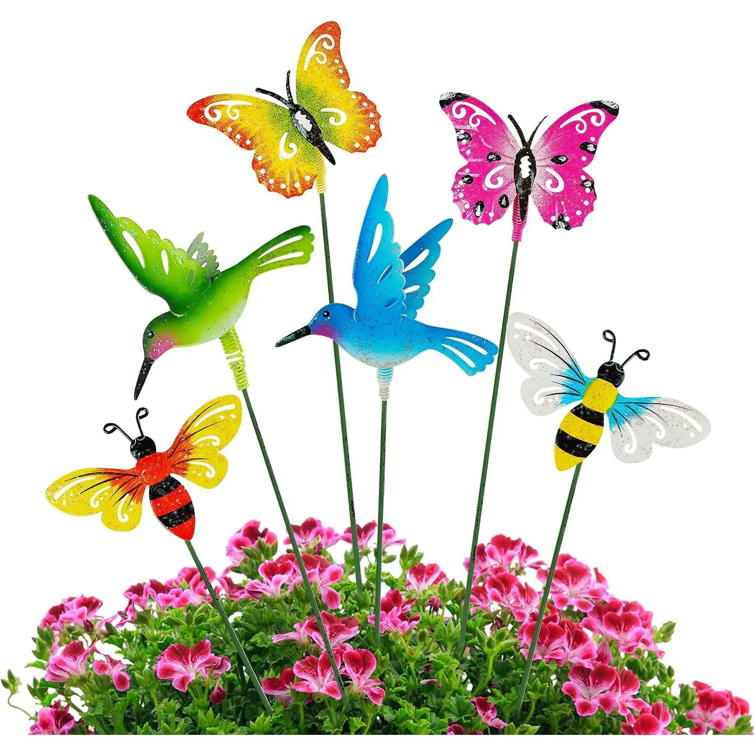 6 Pack Metal Yard Stakes Spring Decor, 15 Inch Outdoor Metal Colorful Butterfly Hummingbird &  Shaking  Yard Art, Rust Proof  Sticks for Yard Lawn Pathway Patio Ornaments