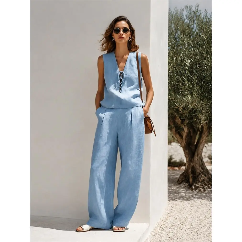 Women’s Minimalist Tie Front Sleeveless Top and Wide Leg Pants Set, Elegant Two Piece Outfit with Relaxed Fit Trousers, Casual Chic Matching Set for Summer Travel, Vacation, Beach, Daily Wear and Weekend Fashion