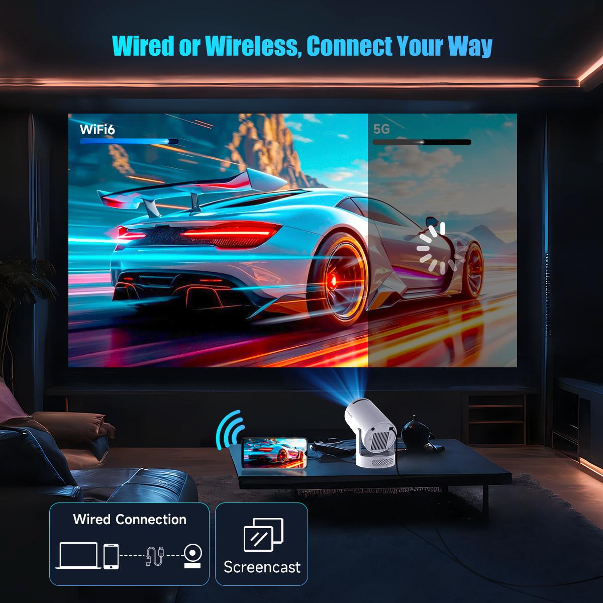 HY300Pro+ 290ANSI Projector 4K Videosource Supported Native 1280*720P 0.8:1 Throw Ratio BT5.4 WIFI6 Android 11 Built-in Speaker & Appstore Allwinner H713 Home Cinema Mini Smart Portable Upgraded HY300Pro
