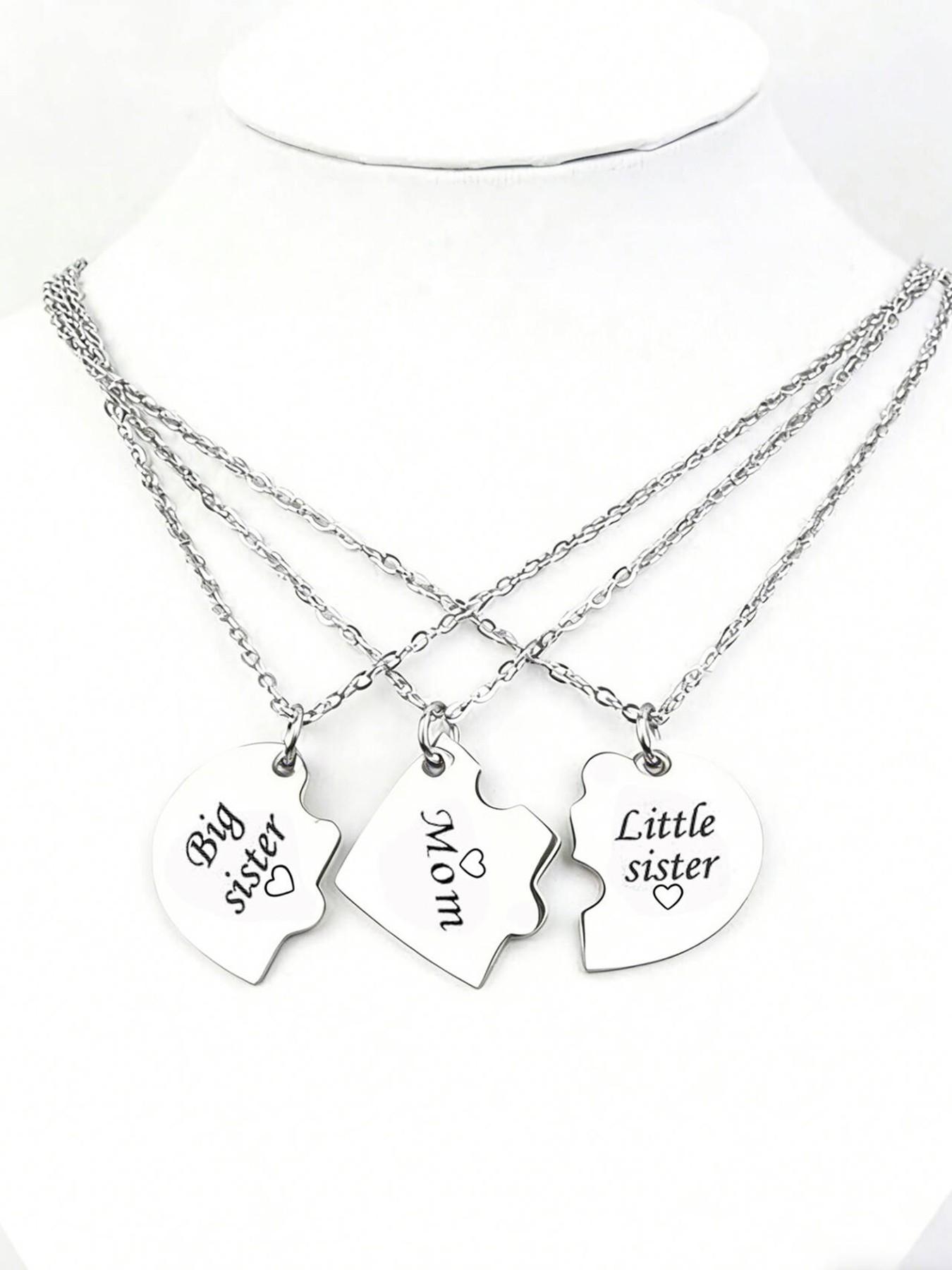 Set Of 3 Mother Sister Brother Heart Pendant Necklaces Stainless Steel Matching Family Love Jewelry Gifts