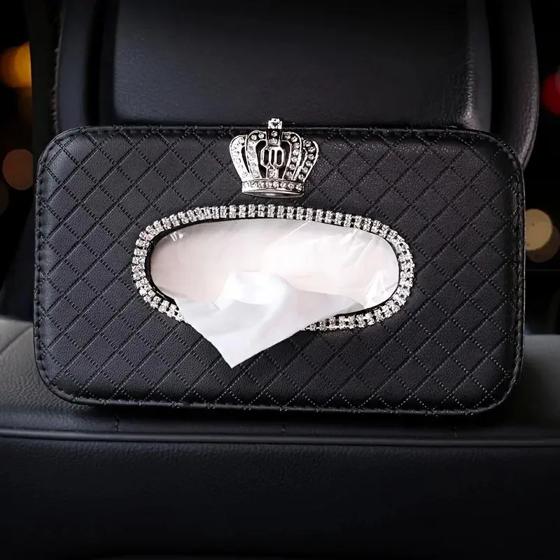 1Bling Rhinestone Crown Car Tissue Box - Headrest Hanging Design, Lady's Creative Tissue Holder, Auto Interior Storage Accessory