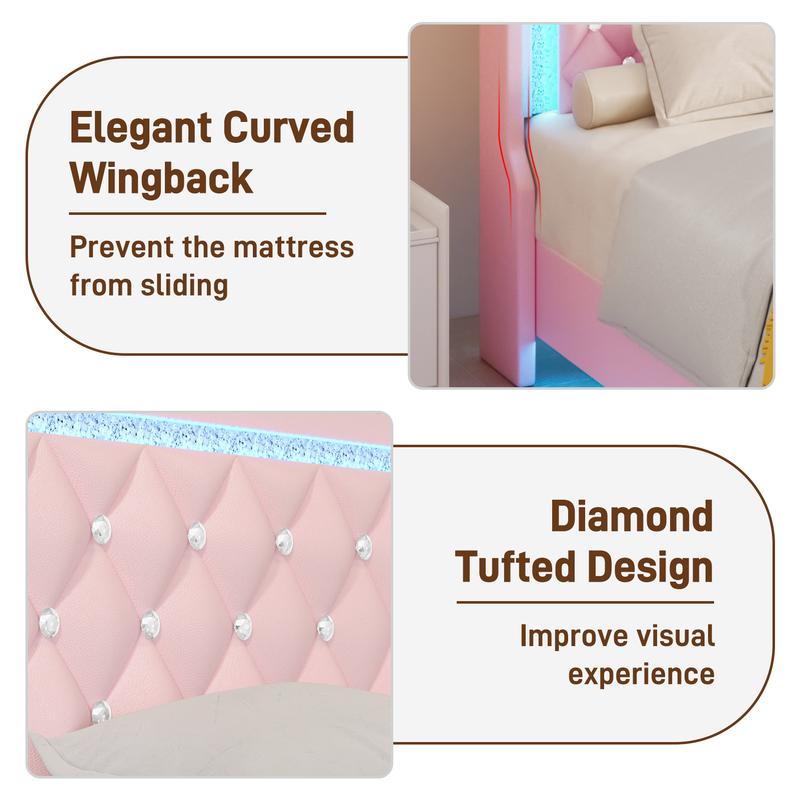 Floating Twin/Full/Queen Bed Frame with LED Light, Upholstered Platform Twin Bed with Charging Station & Wingback, Diamond Tufted Storage Headboard & Footboard, PU Leather, No Box Spring Needed, White/Pink
