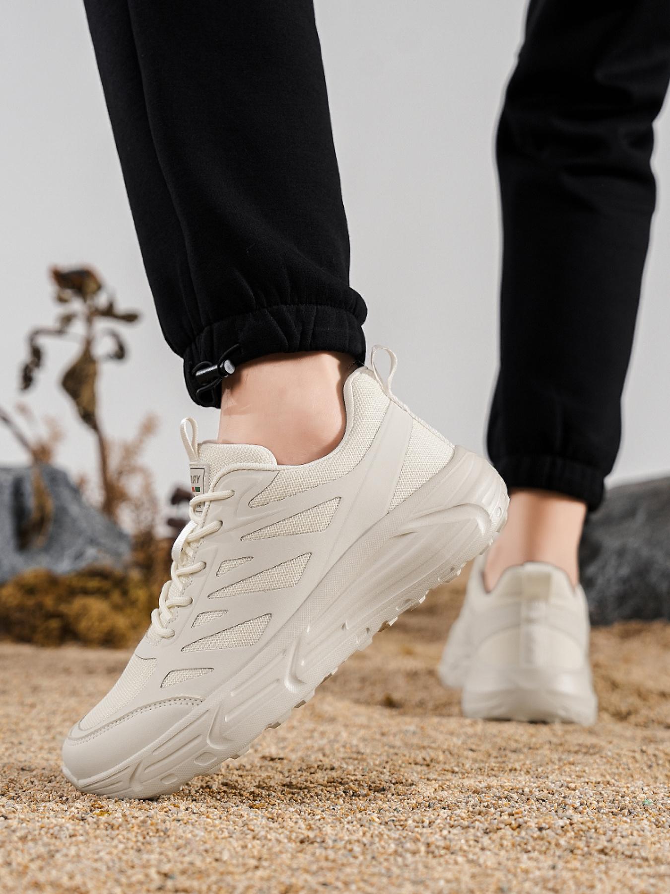 Men's Cream Minimalist Sneakers: Breathable Mesh Design, Casual Shoes For Daily Outings & Home Use