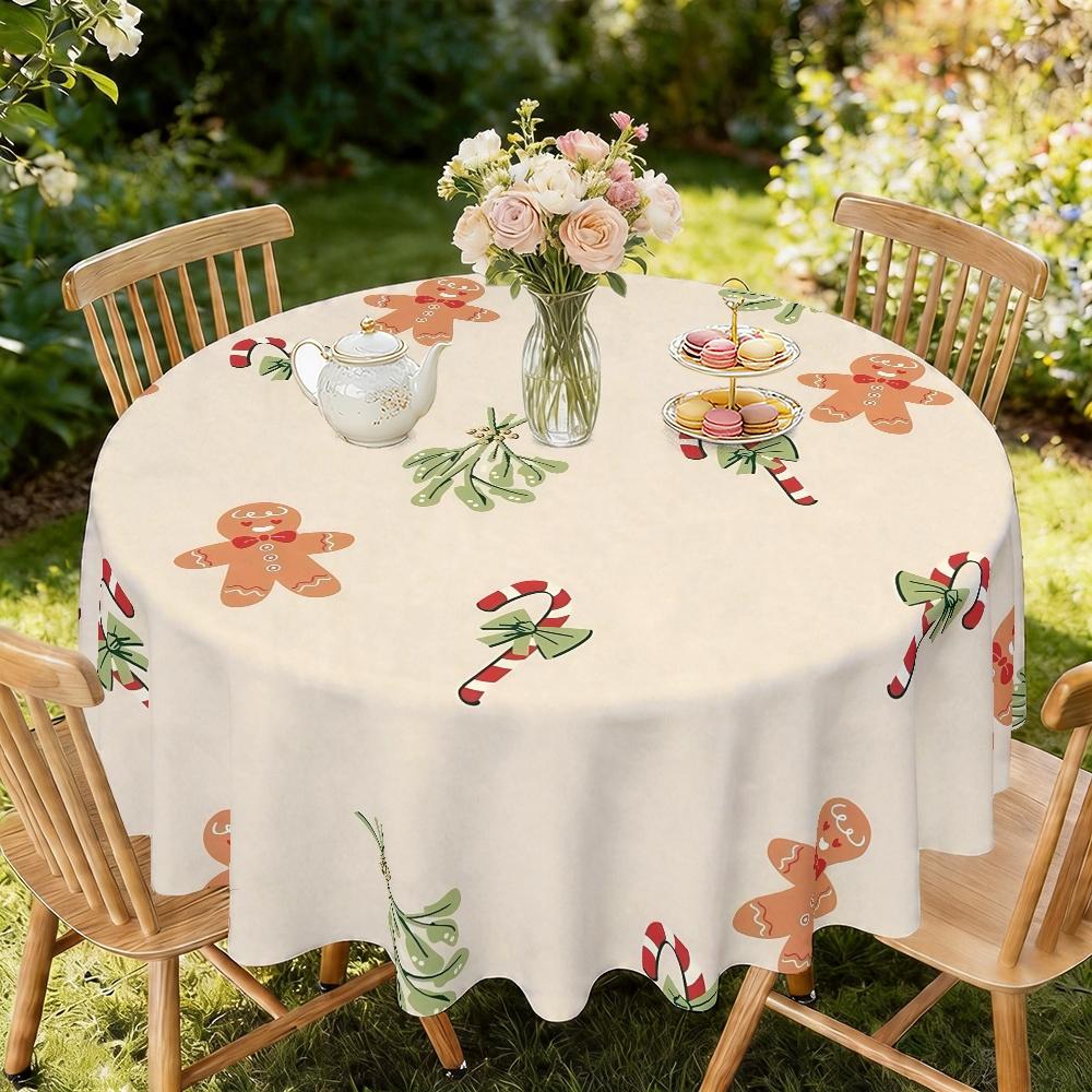 Christmas Gingerbread Man Tablecloth, 2D Flat Print, Polyester, 120g/m², Round, Kitchen Restaurant Decor, Party Gift, Hotel Home Use