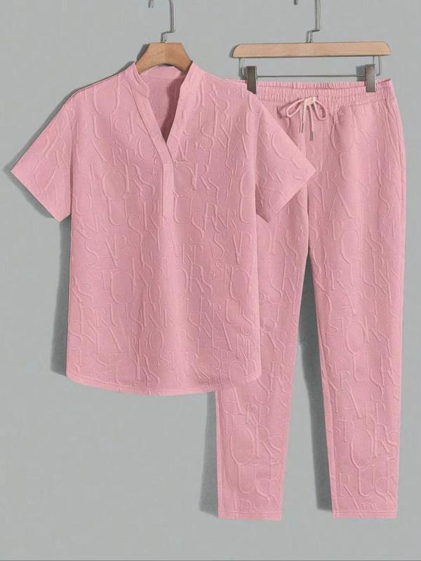 KZZ Men's Textured Letter Embossed Tee & Drawstring Waist Pants Regular Fit Casual Short Sleeve Notched Neck Top Above the Ankle Elastic Waist Trousers Spring Fall Clothe，FallFreshness christmas gifts for him SpringStatements