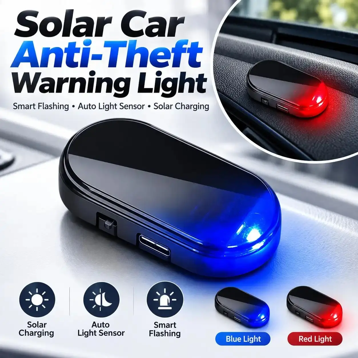 Solar Car Anti-Theft Warning Light, Smart Flashing LED Security Indicator with Auto Light Sensor, Solar Powered with USB Type-C Backup Charging, Stick-On Dashboard Warning Light for Cars, SUVs & Trucks