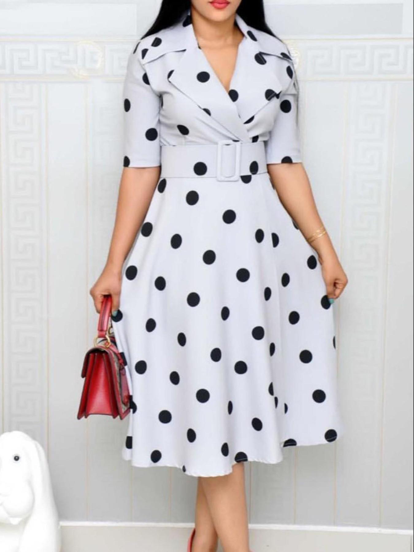 Elegant Chic Women's Midi Dress with Belt, Polka Dot Pattern, Short Sleeve, Fitted Design for Fall Style Elegant Chic Women's Midi Dress with Belt, Polka Dot Pattern, Short Sleeve, Fitted Design for Fall Style