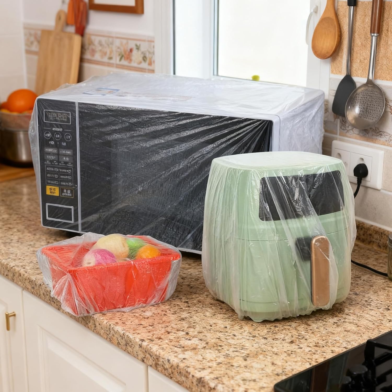 30 PCS Kitchen Small Appliance Dust Covers, 90 x 110 cm Disposable Clear Thickened Plastic Covers with Elastic for Air Fryer, Blender, Coffee Maker, Pressure Cooker, Slow Cooker and Storage