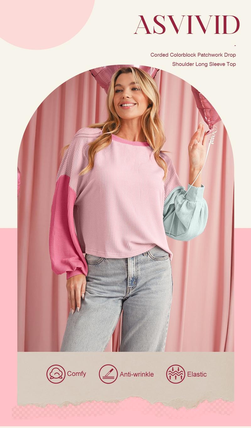 Women's Colorblock Twisted Ribbed Knit Dropped Shoulder Cropped Sweatshirt, Casual Round Neck for Fall Winter, Ladies Daily Wear, Casual Pullover Tops