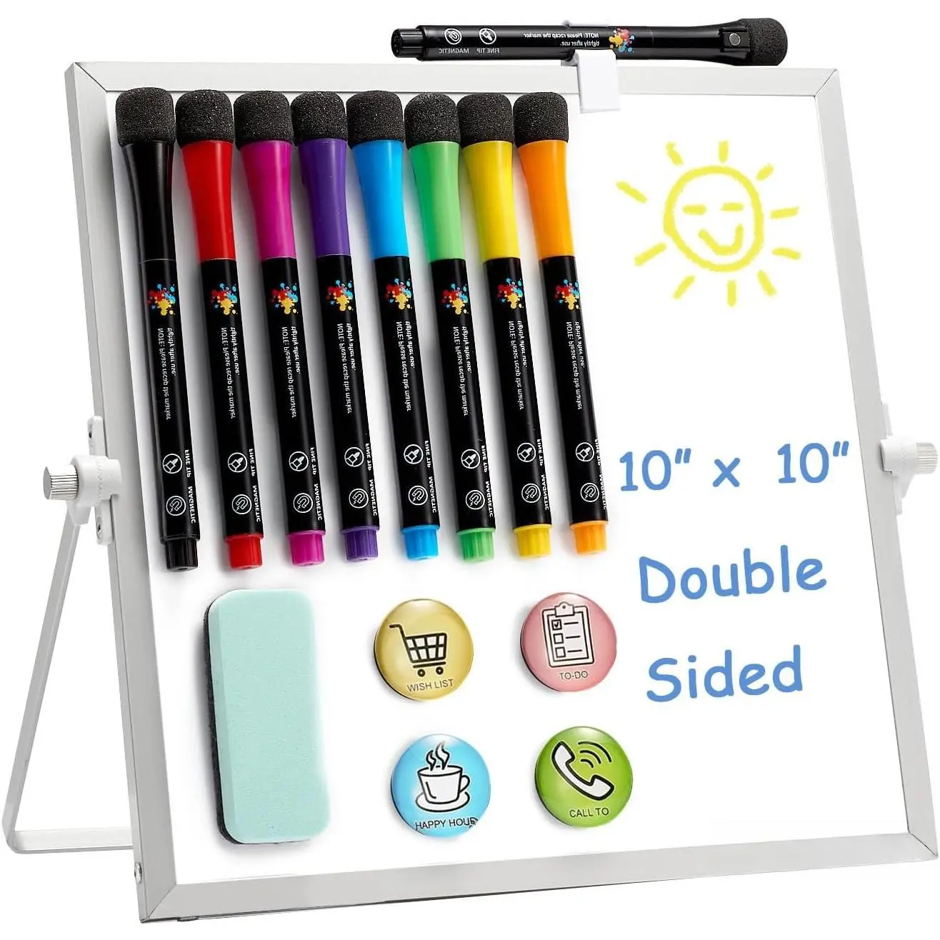 Small White Board - 10 X 10 Inches  Dry Erase Board | Desktop Whiteboard Stand 360 Degrees Revolving Double Sided for , , School, with Hooks for Wall