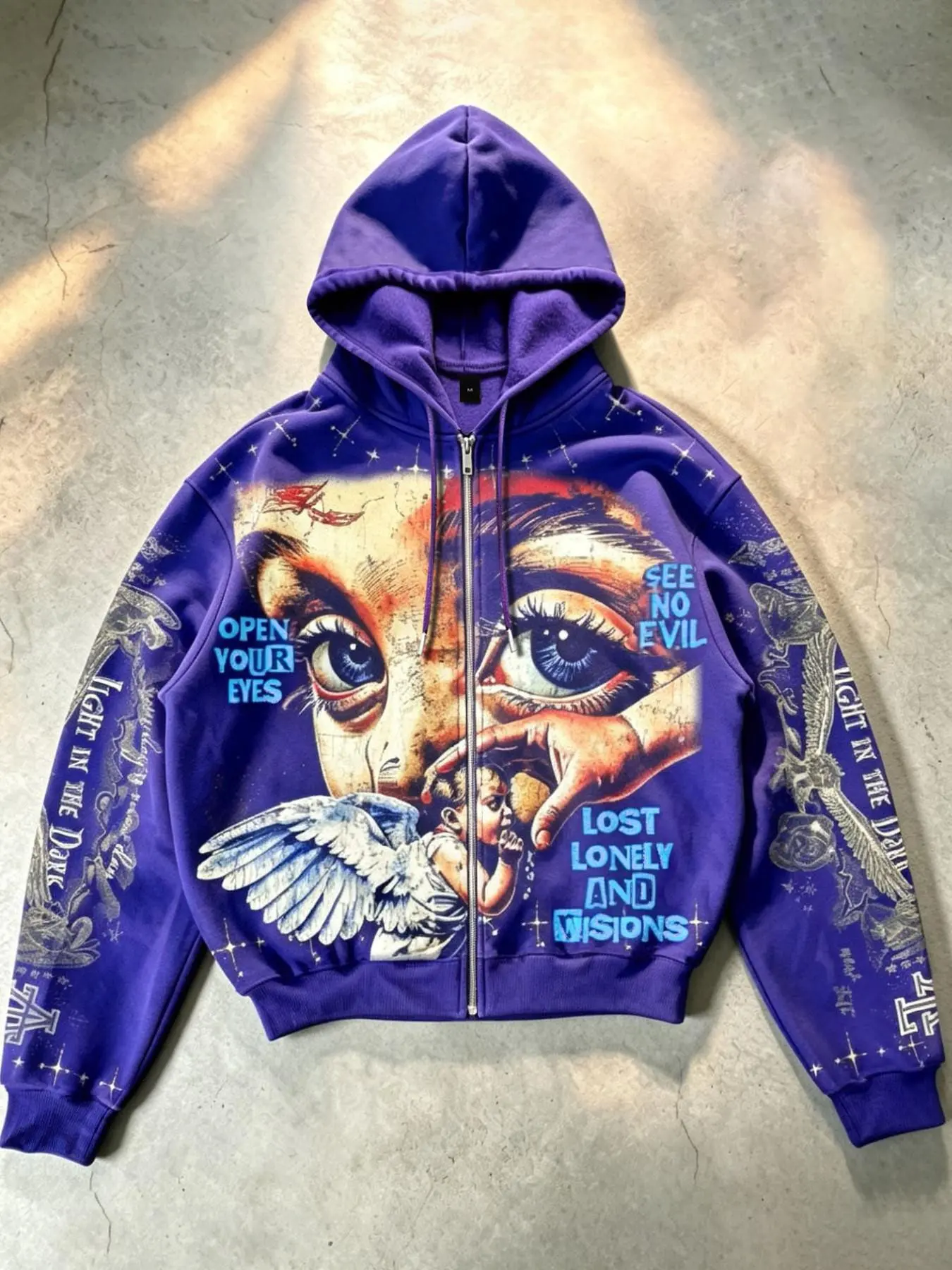 American Vintage Purple Zip-Up Hoodie, Y2K Gothic Angel Big-Eyed Print Cardigan Jacket, SEE NO EVIL High-Street Brand Streetwear Hoodie for Men and Women